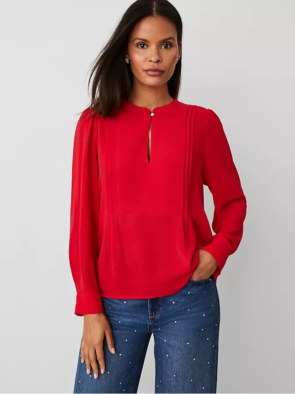Ann Taylor mixed media red blouse small petite ps long sleeve sp